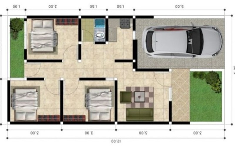 Desain Denah Rumah dengan Ukuran 7 x 9 untuk 3 kamar