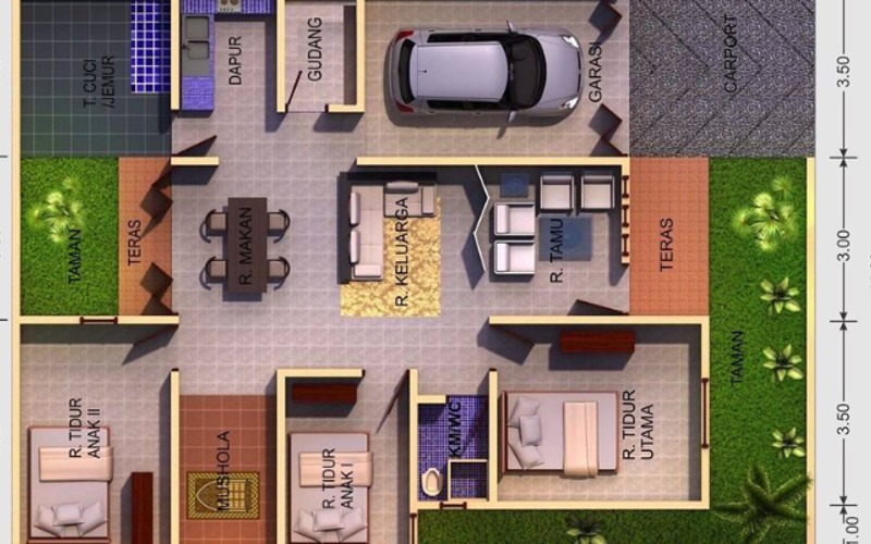 Desain Rumah 3 Kamar 7×9 1 lantai dengan Mushola